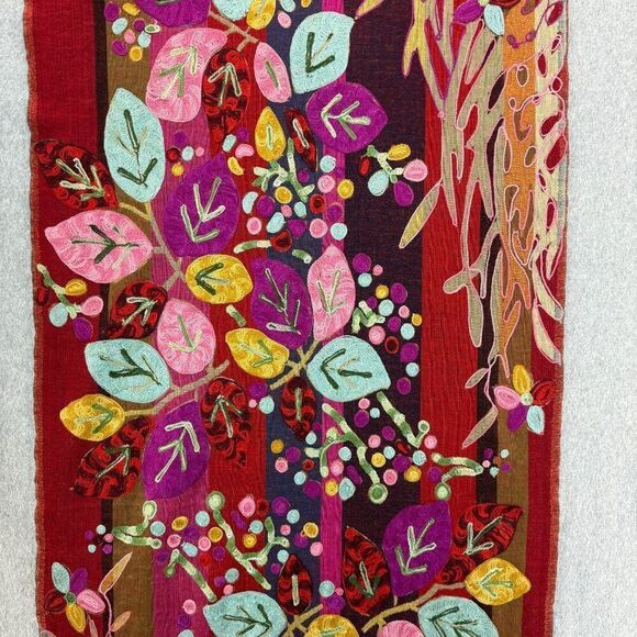 Embroidered Colorful Red Leaf / Floral  Wool? Scarf Shawl Wrap Stole 76" Long - Picture 8 of 14